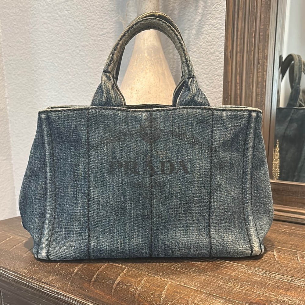 Prada Canapa Blue Denim Tote with Structured Design